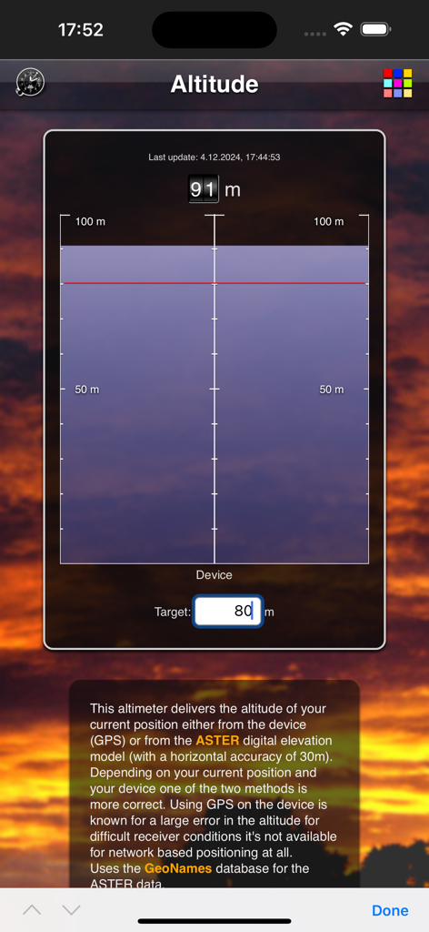 Altitude App - Screenshot of the Altitude App displaying current altitude of 91 meters and a target altitude setting over a sunset background