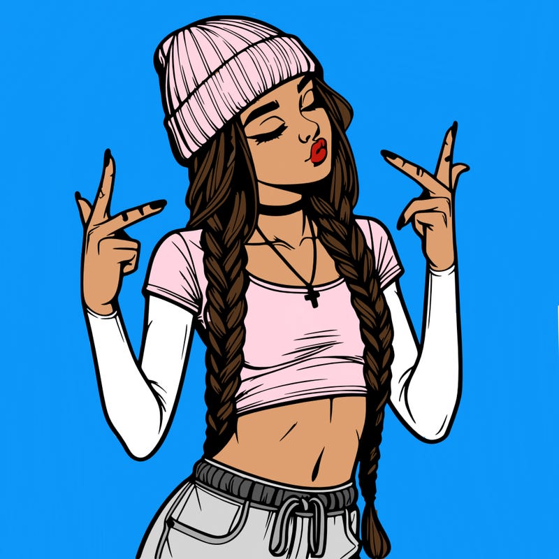 realistic teenage girl with braids and a beanie and crop top doing 🫶🏼