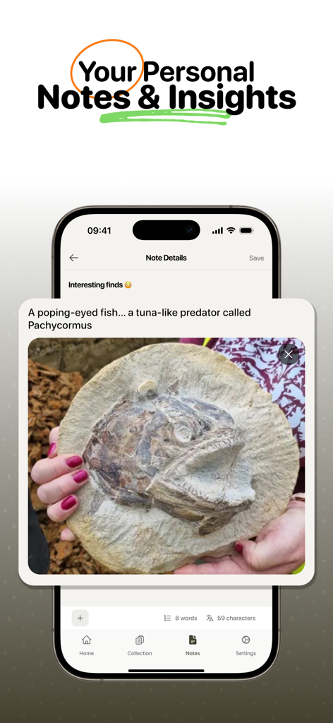 Fossil Identifier: Scan Fossil - Fossil Identifier app screen showing a personal note for a Pachycormus fish fossil