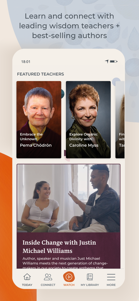 Sounds True One - The Sounds True One app interface showing featured spiritual teachers Pema Chodron and Caroline Myss.