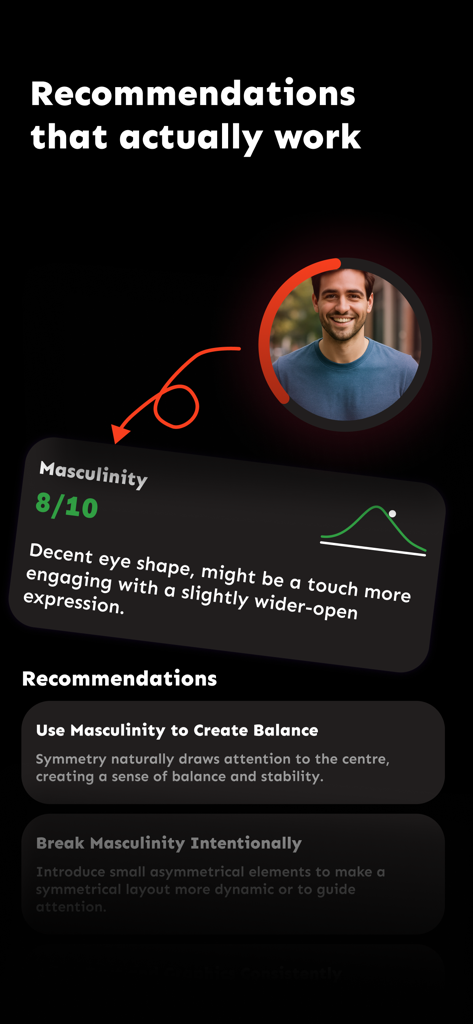 Aura Maxxing app interface displaying a masculinity score and personalized facial recommendations