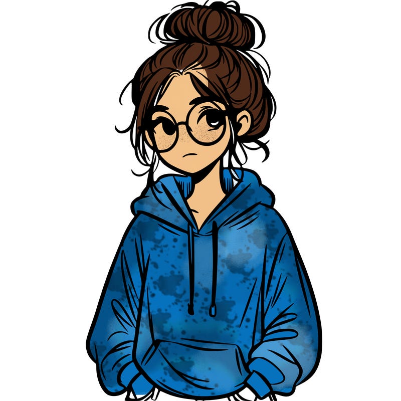 teen girl with a messy bun and glasses wearing a loose hoodie and jeans