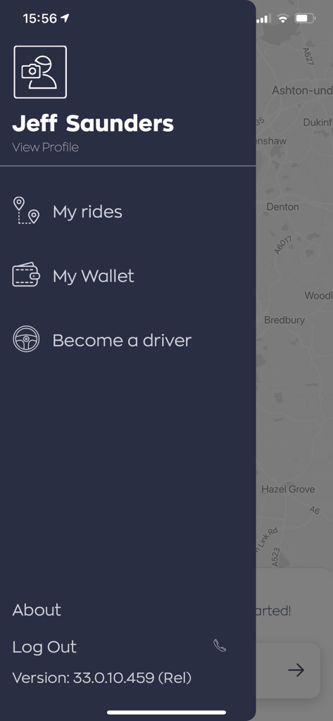 All The Fours - Side menu of the All The Fours taxi app displaying user profile and account options