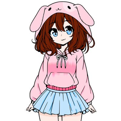 pretty anime girl wearing a fluffy hoodie with bunny ears on the hood and a skirt