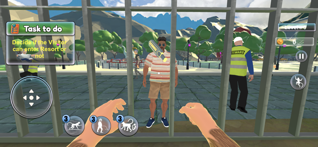 First person view of a monkey gameplay screen showing a task to screen visitors at a zoo entrance.