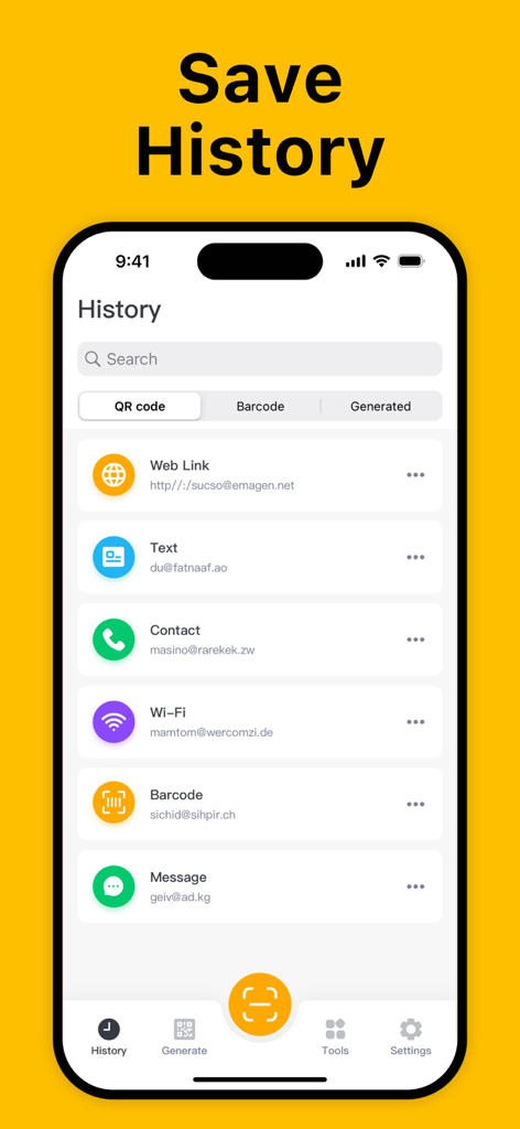 A smartphone screen displaying the scan history of the QR Code Reader app including web links, contacts, and Wi-Fi credentials.