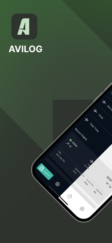 Avilog - Smartphone screen showing the Avilog flight logbook app with recent flight entries