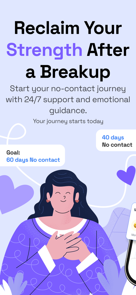 No Contact Tracker: Breakup AI - 평화로운 여성 일러스트 옆에 No Contact 연속 기록 진행 상황 및 이별 회복 안내 텍스트