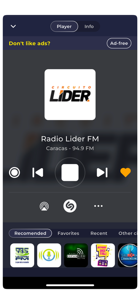 Radio Venezuela Live Online FM - Radio Venezuela app player interface displaying Radio Lider FM with playback controls and recommended stations
