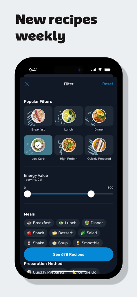 AI Calorie Tracker by Yazio - Yazioアプリのレシピフィルターインターフェース。低炭水化物食とカロリー範囲設定のオプションを表示。