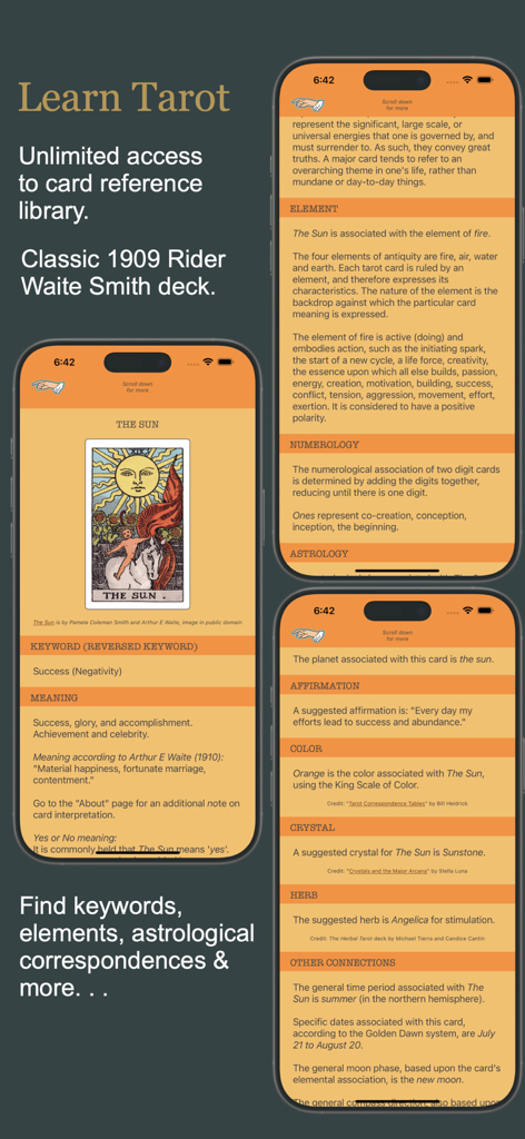 Tarot Simple: Cards & Readings - Tarot card reference library in the Tarot Simple app showing detailed meanings and correspondences for The Sun card.