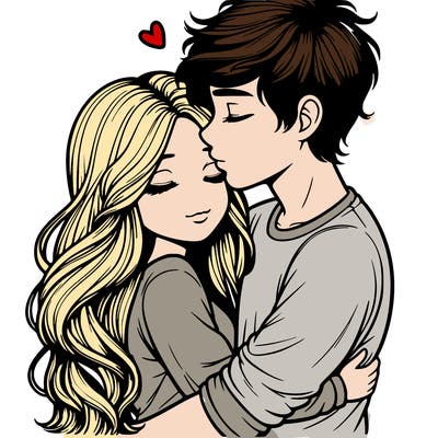 a realistic couple boy and girl hugging and kissing