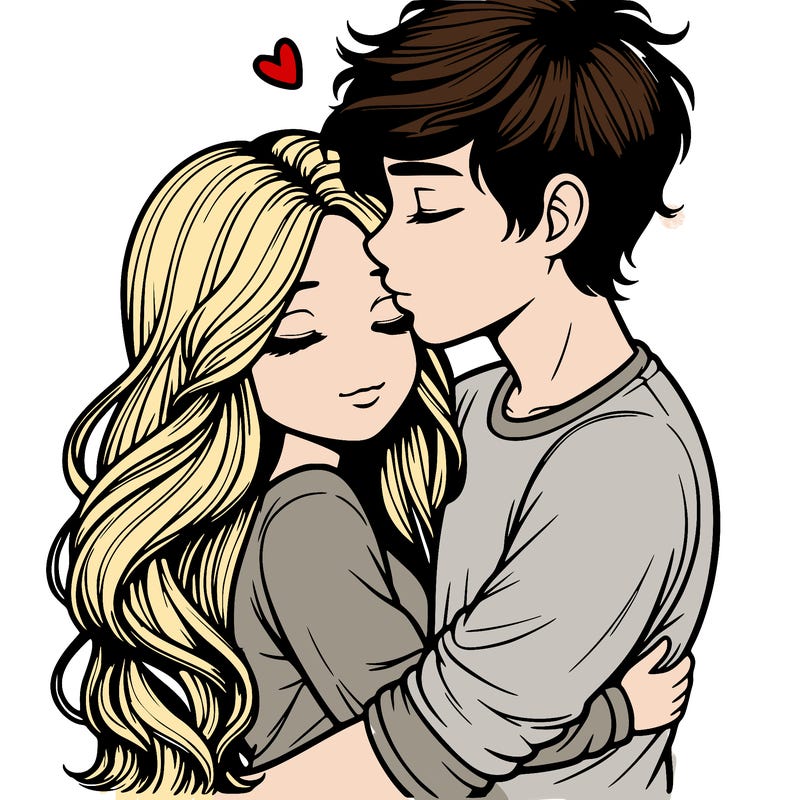 a realistic couple boy and girl hugging and kissing