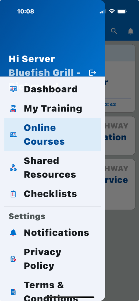 RO Team App side navigation menu for restaurant staff showing training and resource options