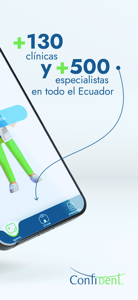 ConfiDent app interface highlighting a network of over 130 dental clinics and 500 specialists in Ecuador