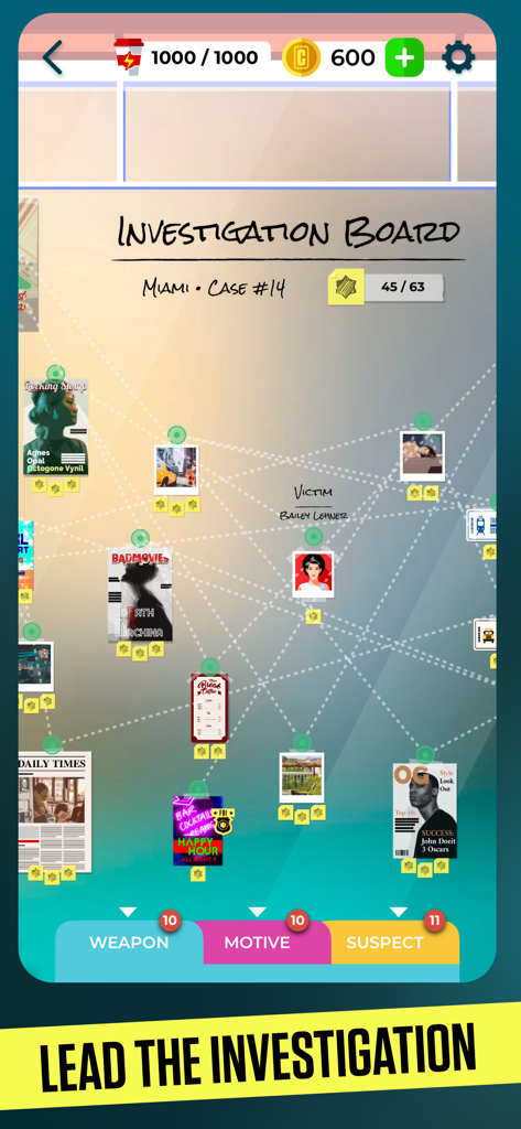 CRIMO - A detective investigation board in the CRIMO mobile game showing a spider web of clues and suspects linked together for a murder case