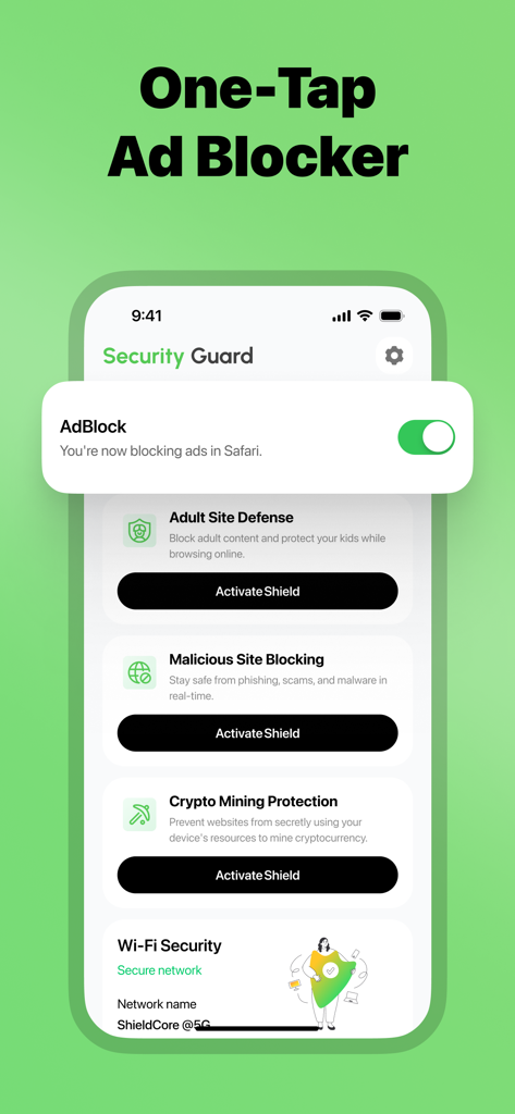Security Guard - Safe Web - Security Guard app main screen showing ad blocker and web safety features