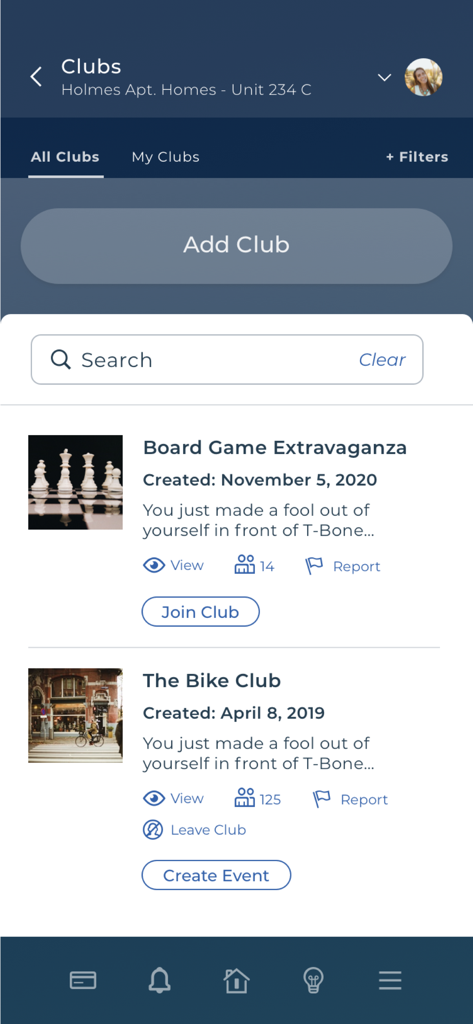 Greystar Resident App - Greystar Resident App interface showing community clubs like Board Game Extravaganza and The Bike Club for residents