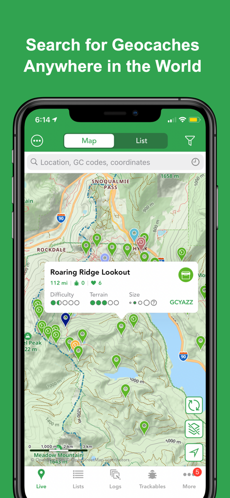 Cachly - Geocaching - Cachly app showing a topographic map with geocache locations and a search interface for finding caches worldwide.