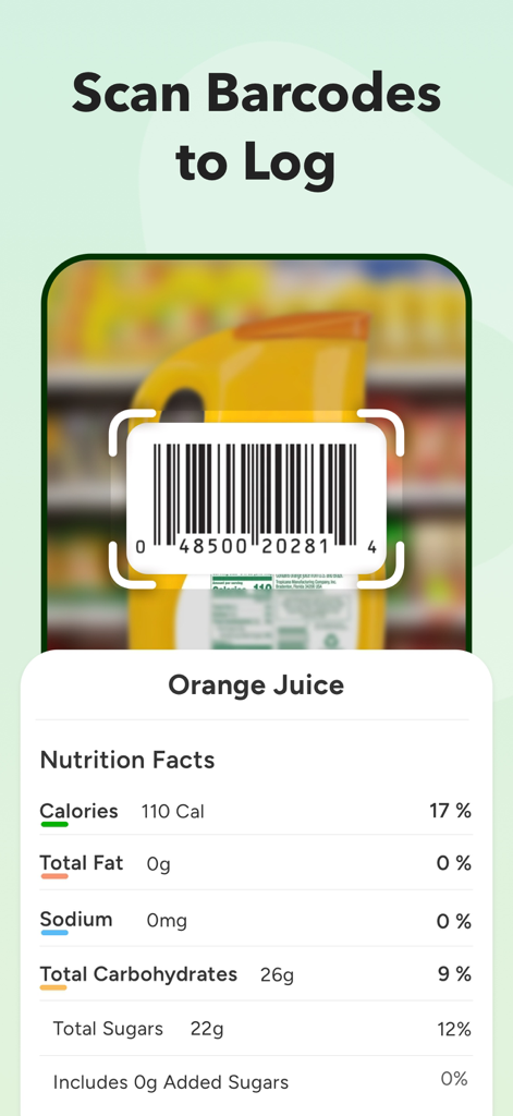 Calo Care: AI Calorie Tracker - La interfaz de la aplicación Calo Care muestra un escaneo de código de barras de jugo de naranja para mostrar información nutricional, incluidas calorías y carbohidratos