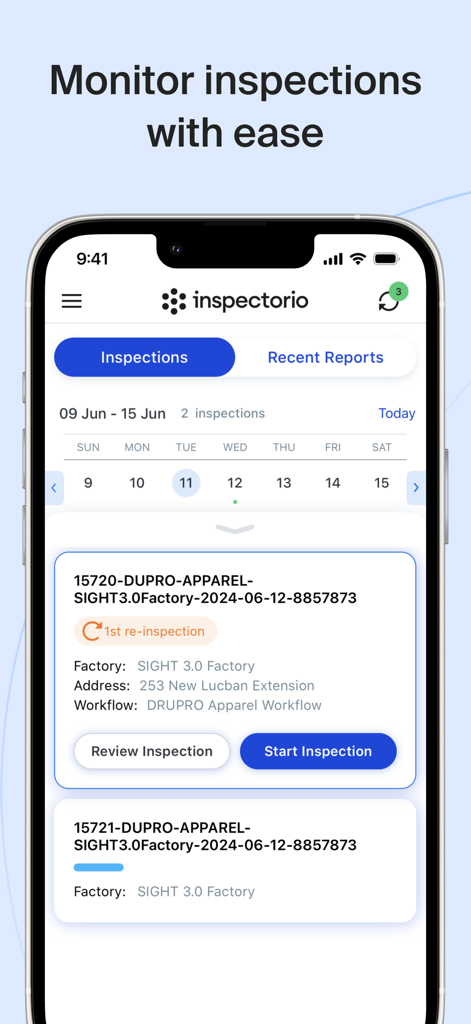 Interface do aplicativo móvel Inspectorio QRM mostrando um painel para monitoramento de inspeções de fábrica