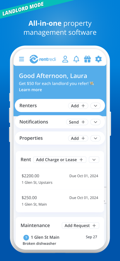 RentRedi for Tenants & Owners - RentRedi app interface showing the landlord dashboard with rent payments and maintenance requests