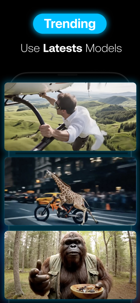 Interfaz de la aplicación CinemAI mostrando modelos de generación de video con IA de tendencia con ejemplos cinematográficos.