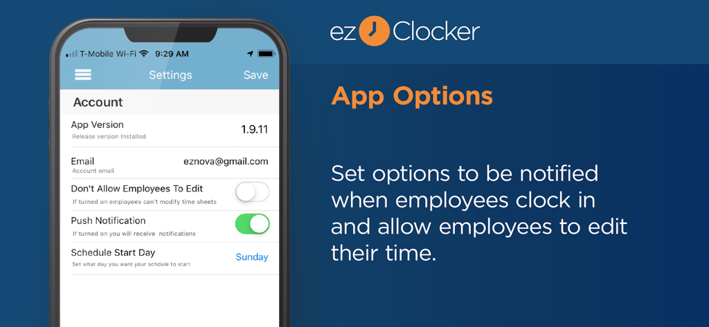 ezClocker: Employee Time Track - ezClocker mobile app settings screen showing options to manage employee notifications and timesheet editing permissions.