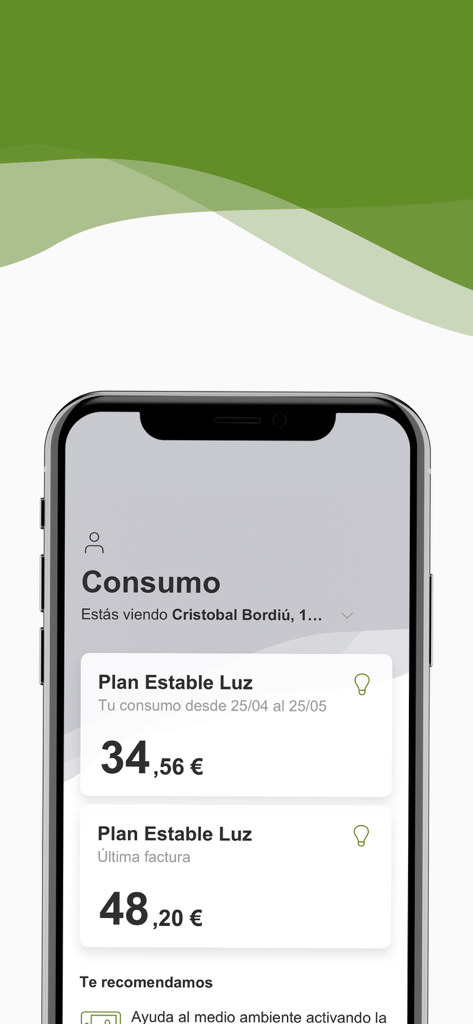 Interfaz de la aplicación Curenergía mostrando el consumo de electricidad e información de facturación