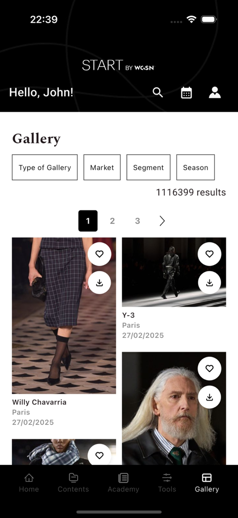 START by WGSN - A gallery view in the START by WGSN app showcasing professional runway photos and fashion trend search filters.