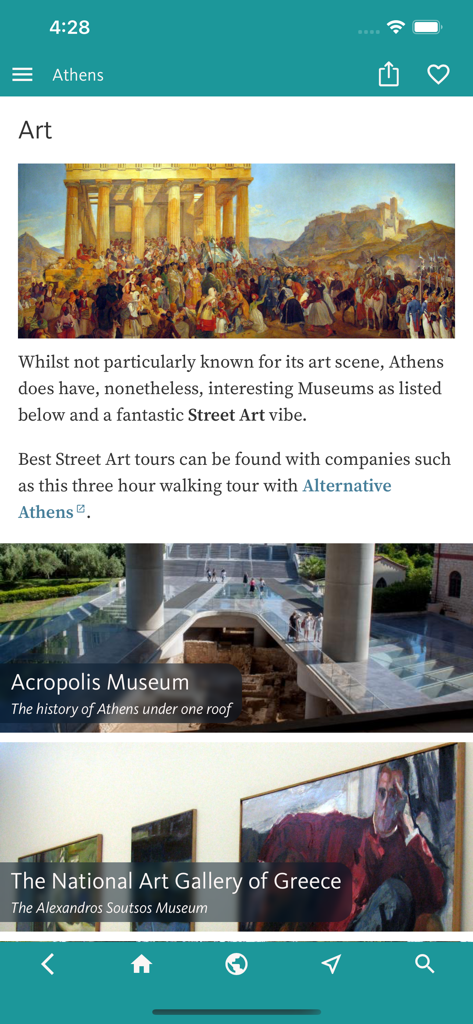Athens’ Best: Travel Guide - Athens travel guide app displaying the art and museums section including the Acropolis Museum and National Art Gallery