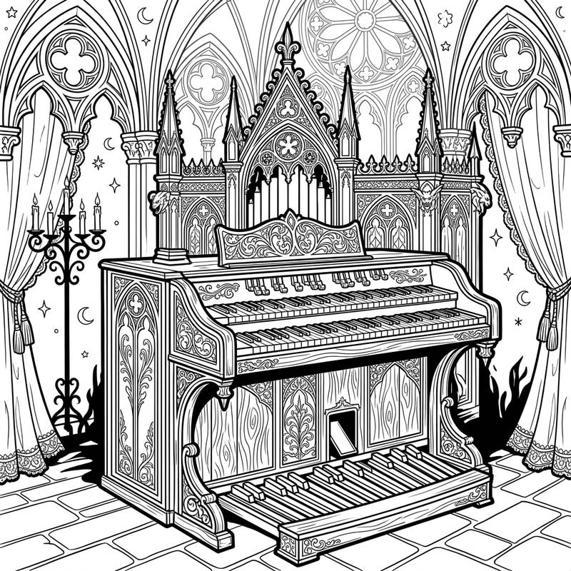 Unleash your creativity with this exquisite gothic Hammond organ coloring page, featuring intricate Victorian-inspired details and a dramatic, mysterious atmosphere. Perfect for enthusiasts of dark aesthetics and musical instruments, this design offers a truly immersive artistic experience.