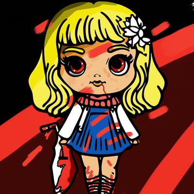 doll with big eyes  holding a knife