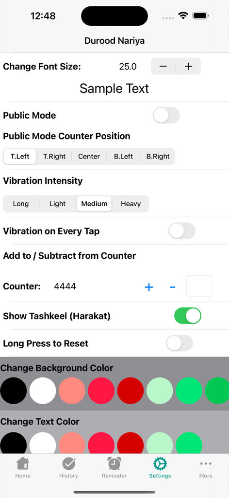 Durood Nariya - 두루드 나리야 앱의 설정 화면으로, 글꼴 크기, 진동, 색상에 대한 사용자 지정 옵션이 표시됩니다.