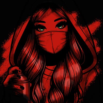 girl wearing a mask with long hair with her hood up spray-painting realistic