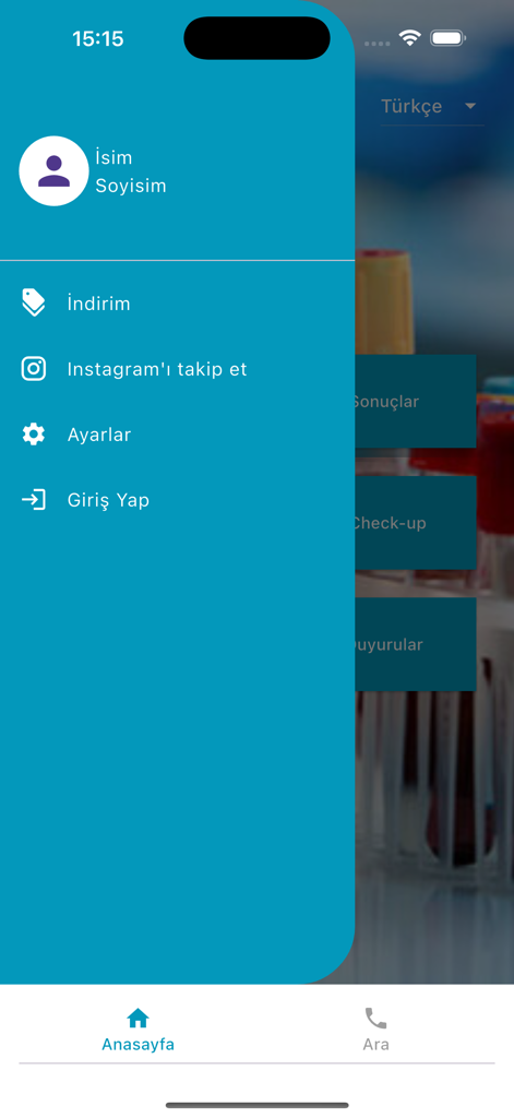Menu de navegação lateral do aplicativo móvel Datalab mostrando opções de conta e configurações