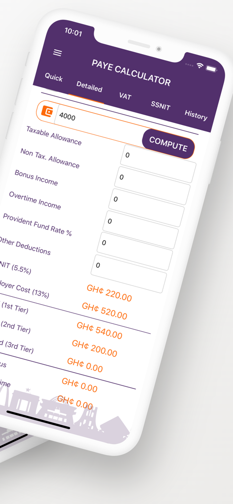 Detailed screen of the Ghana PAYE and SSNIT tax calculator app