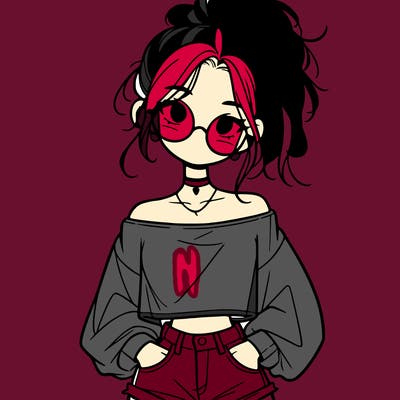 girl with a messy ponytail glasses a baggy crop top and jean shorts