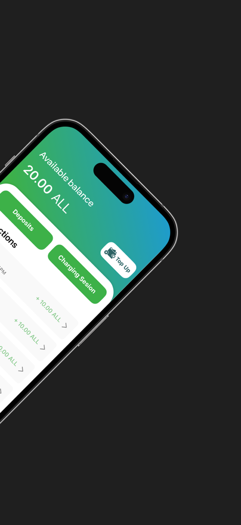 Interfaz de la aplicación iCharge que muestra el saldo de la billetera disponible y el historial de transacciones recientes para la carga de vehículos eléctricos.