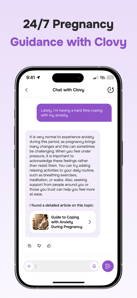 Pregnancy + Baby Tracker App - AI chat assistant in the Clovy pregnancy app providing guidance and support for anxiety.