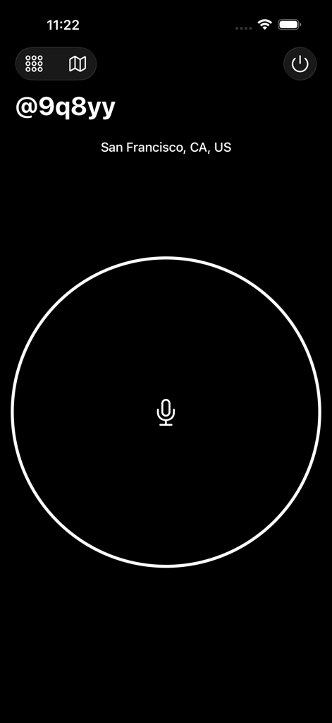 Interface of the Two Way Walkie Talkie app showing the main push to talk button and location information