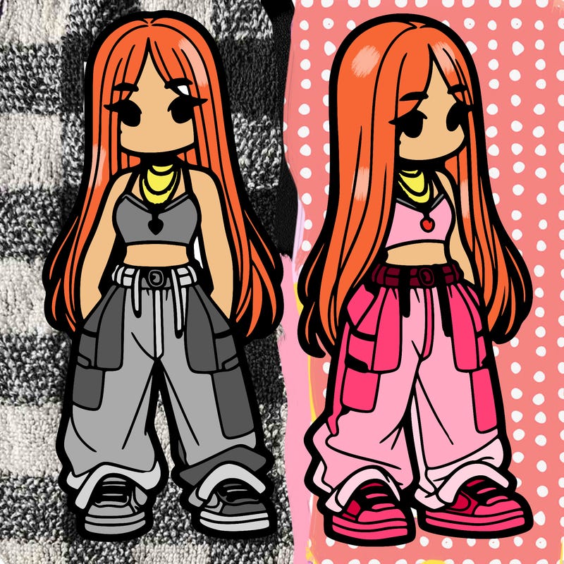 girl in baggy pants crop top and long hair