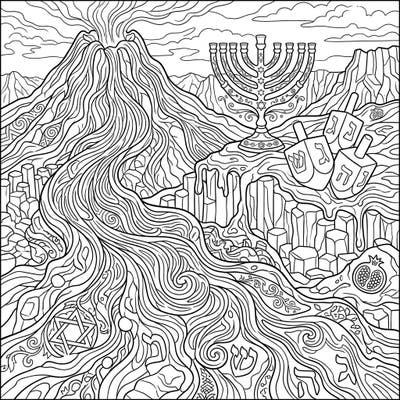 Dive into a truly unique artistic experience with our Hanukkah Lava Flow coloring page, blending natural wonders with traditional celebrations. This captivating design features molten rock transforming into sacred symbols, offering an engaging challenge for colorists of all levels.