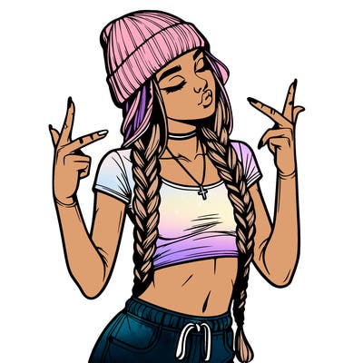 realistic teenage girl with braids and a beanie and crop top doing 🫶🏼