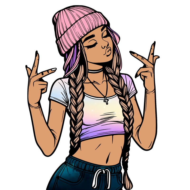 realistic teenage girl with braids and a beanie and crop top doing 🫶🏼