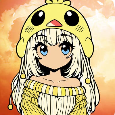 anime girl with chick shaped hat with sweater with bare shoulders with bangs covering them one eye with low tail
