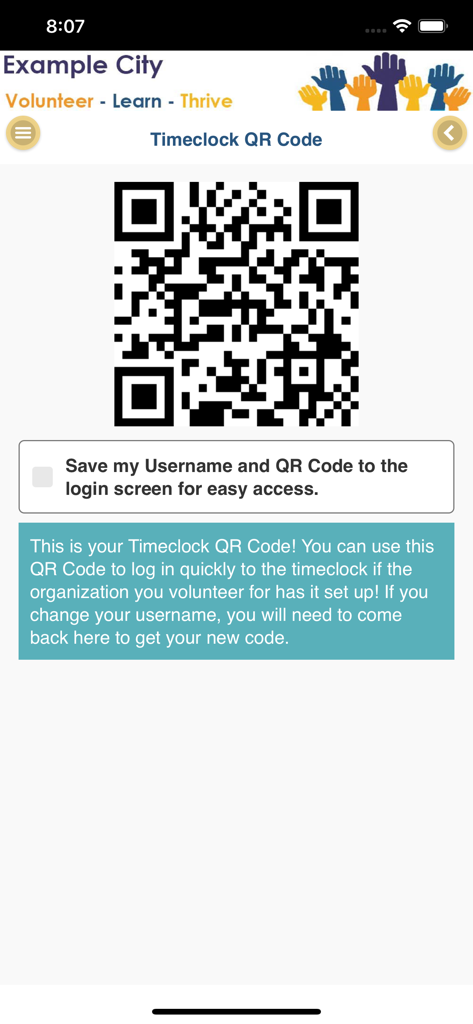 My Impact app screen showing a QR code for volunteer timeclock check in