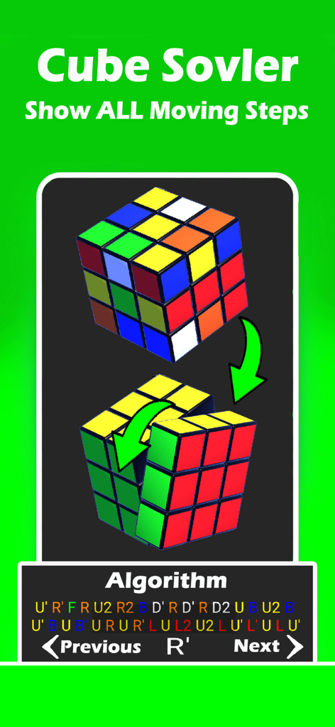 Rubiks Cube Master app solver interface displaying step by step 3D rotation instructions and move algorithms
