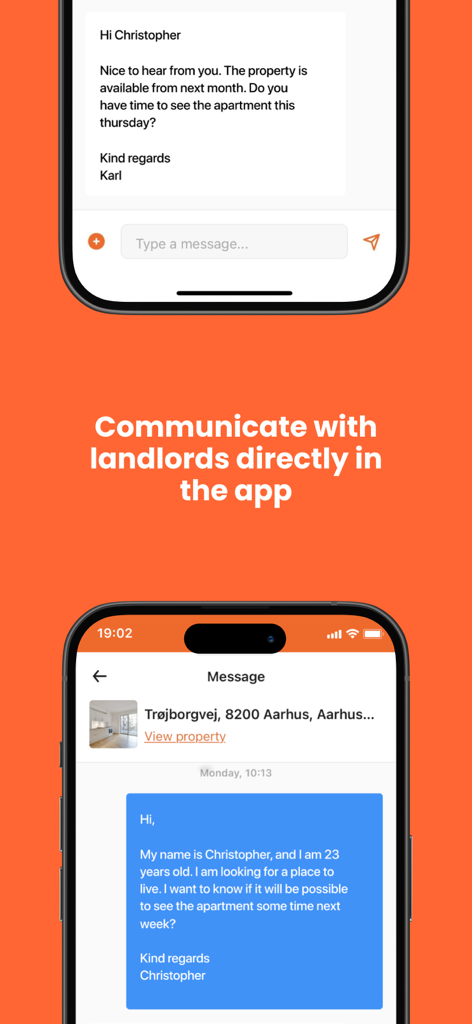 BoligPortal - Interface of the BoligPortal app showing a direct chat between a tenant and a landlord about a rental property.