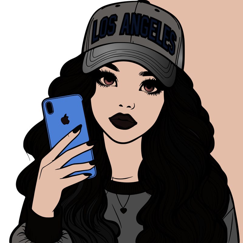 realistic beautiful girl wearing los ángeles cap holding an iphone
